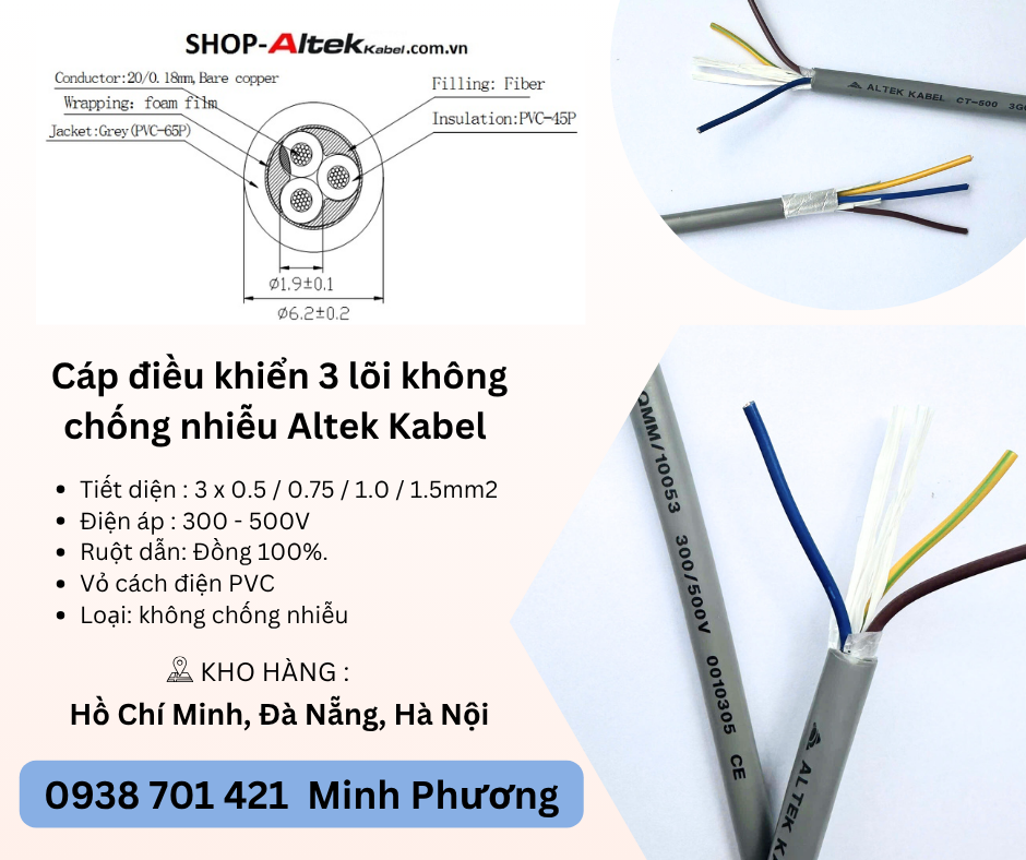 Cáp điều khiển 3 lõi không chống nhiễu Altek Kabel Đà Nẵng, Hà Nội, Hồ Chí Minh